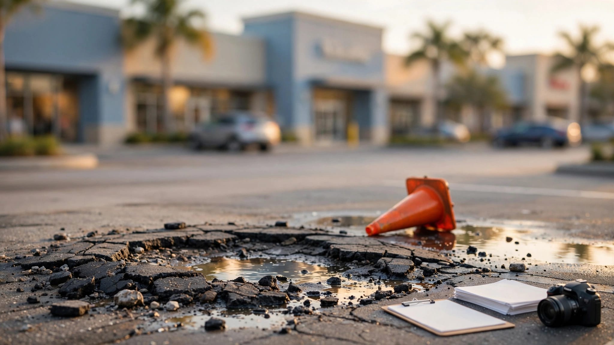 A pothole, warning cone, and maintenance documents sit beside a Florida shopping-center parking lot.