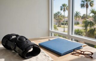 A desk holds a medical brace, folder, and glasses beside a sunny Florida view.