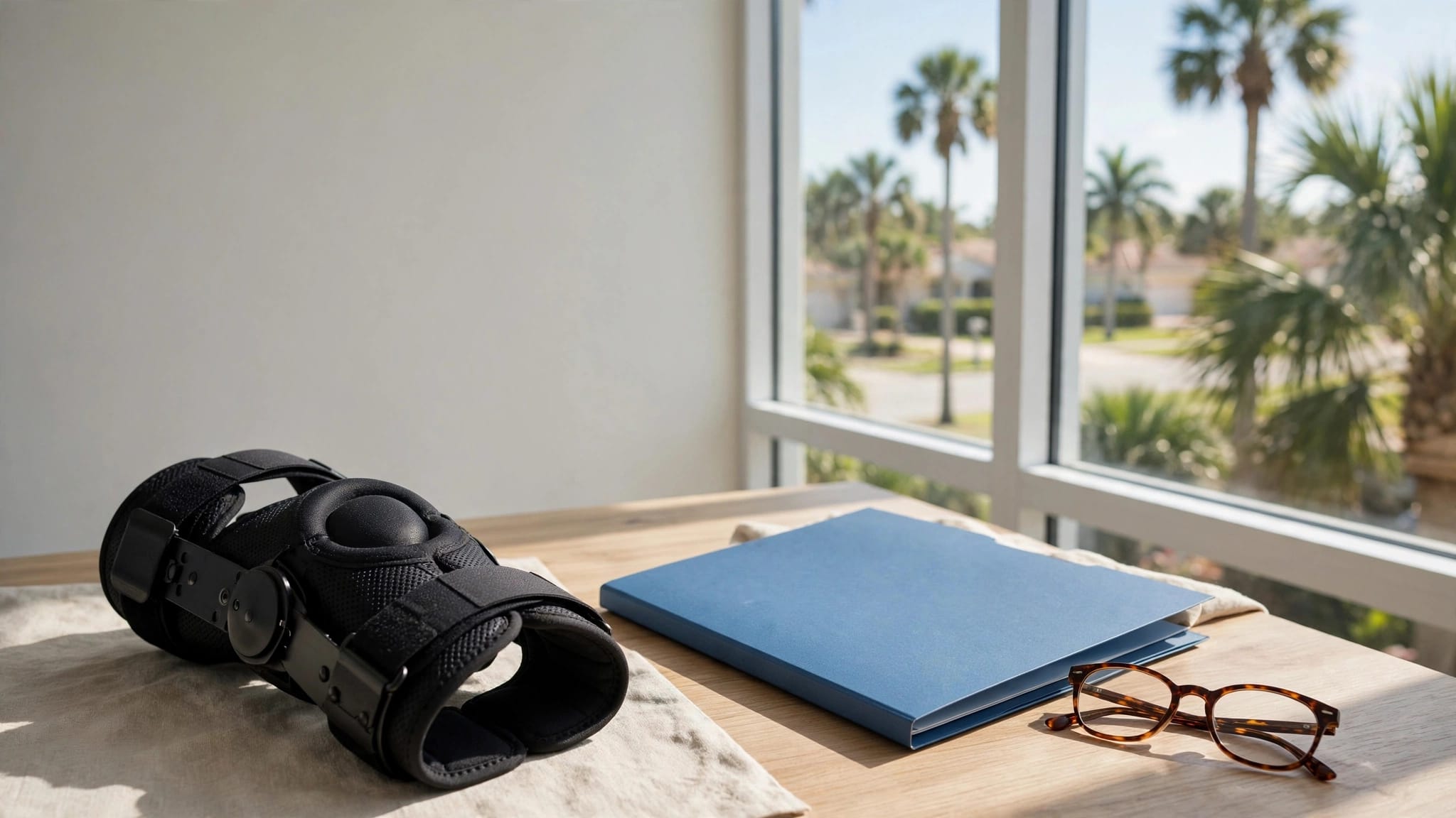 A desk holds a medical brace, folder, and glasses beside a sunny Florida view.