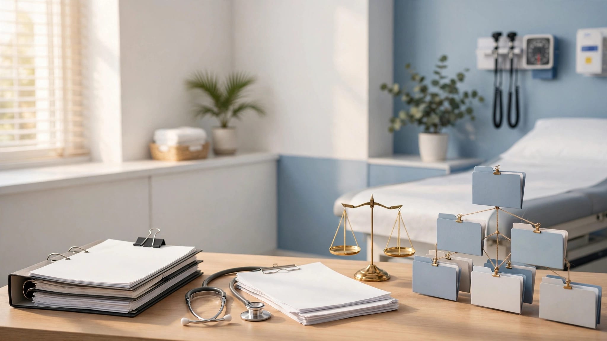 Clinic desk with medical records, a stethoscope, consent papers, and a justice scale.