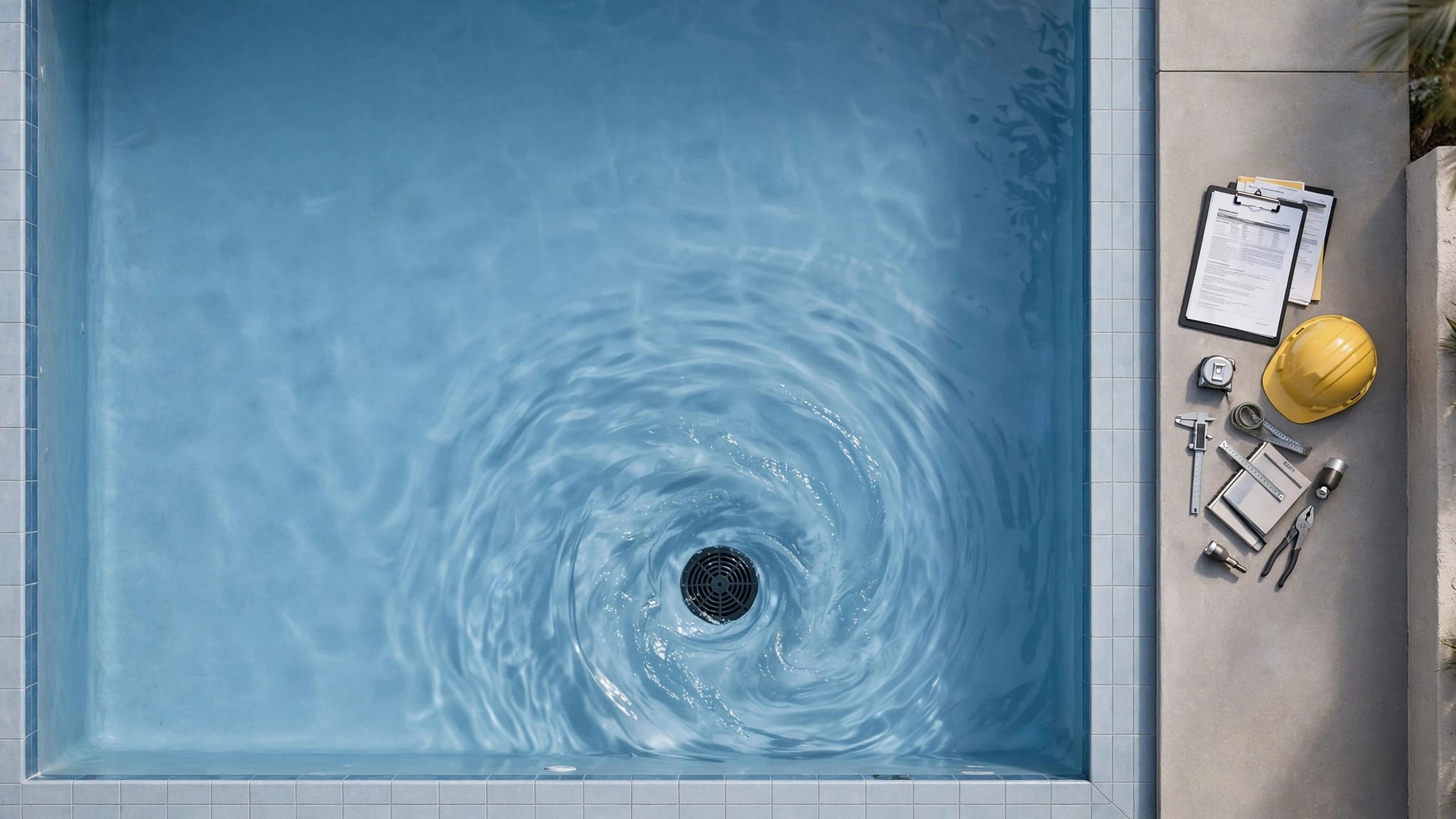 Pool drain viewed from above with inspection records and tools on the deck.