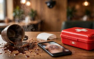 Spilled coffee, a burn kit, smartphone, and receipt on a restaurant table.