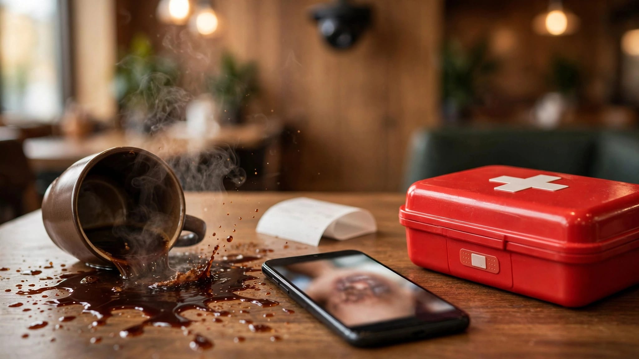 Spilled coffee, a burn kit, smartphone, and receipt on a restaurant table.