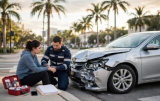 Passenger sits near a damaged rideshare car as a paramedic provides help.