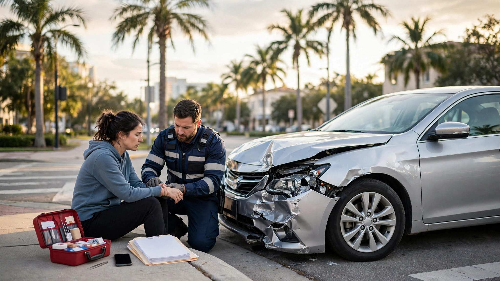 Passenger sits near a damaged rideshare car as a paramedic provides help.