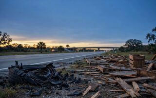 A shredded tire and wooden debris lie on a Florida highway near dusk.