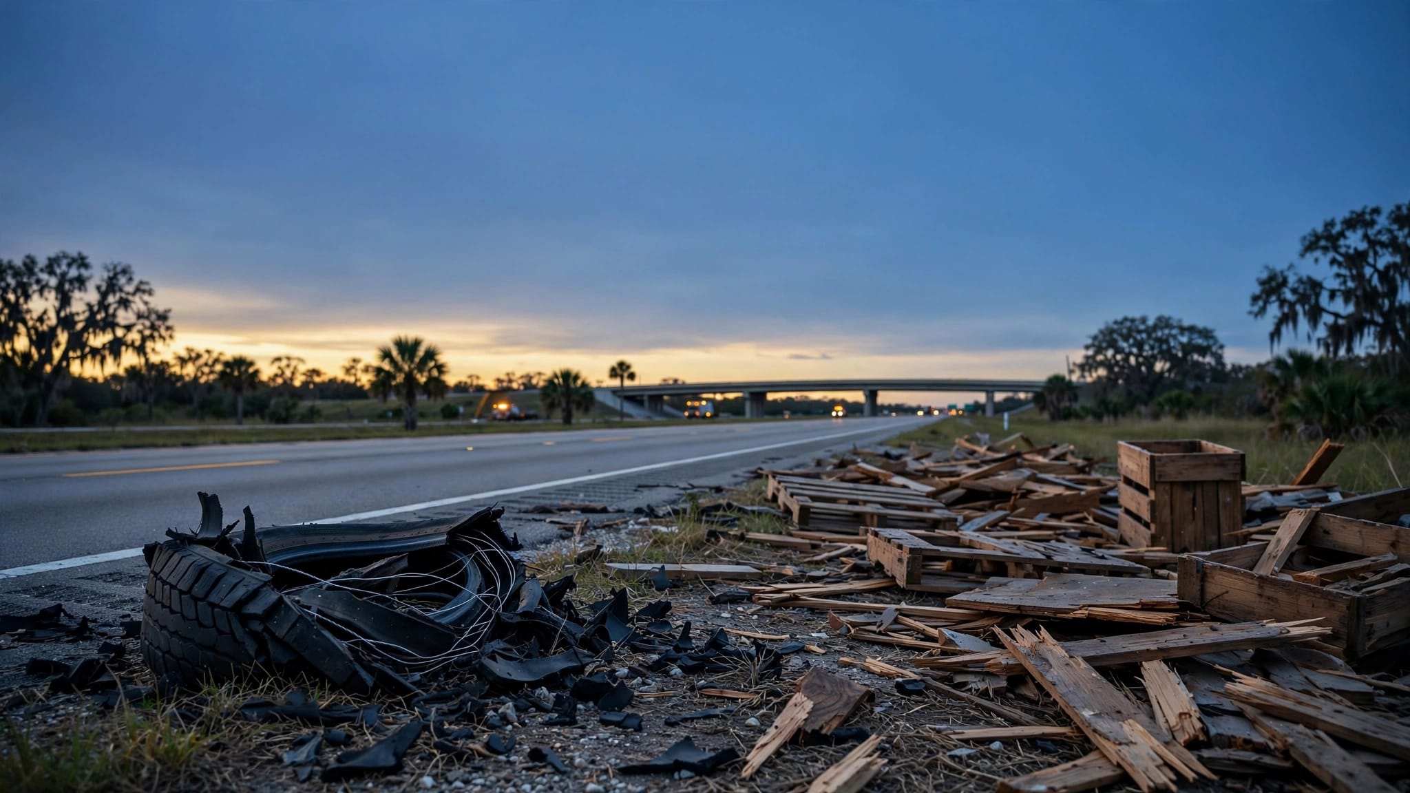 A shredded tire and wooden debris lie on a Florida highway near dusk.