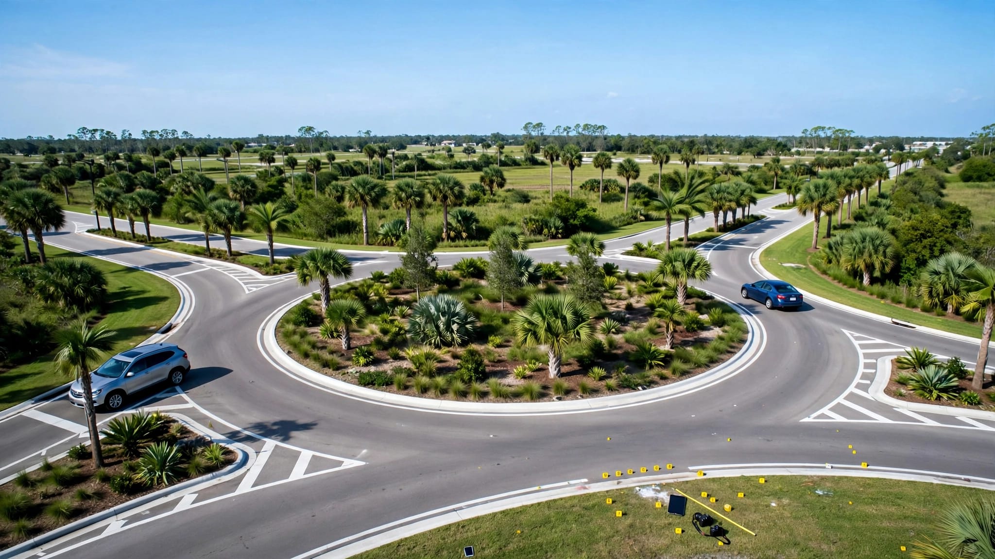 Two cars navigate a Florida roundabout beside roadside crash evidence.