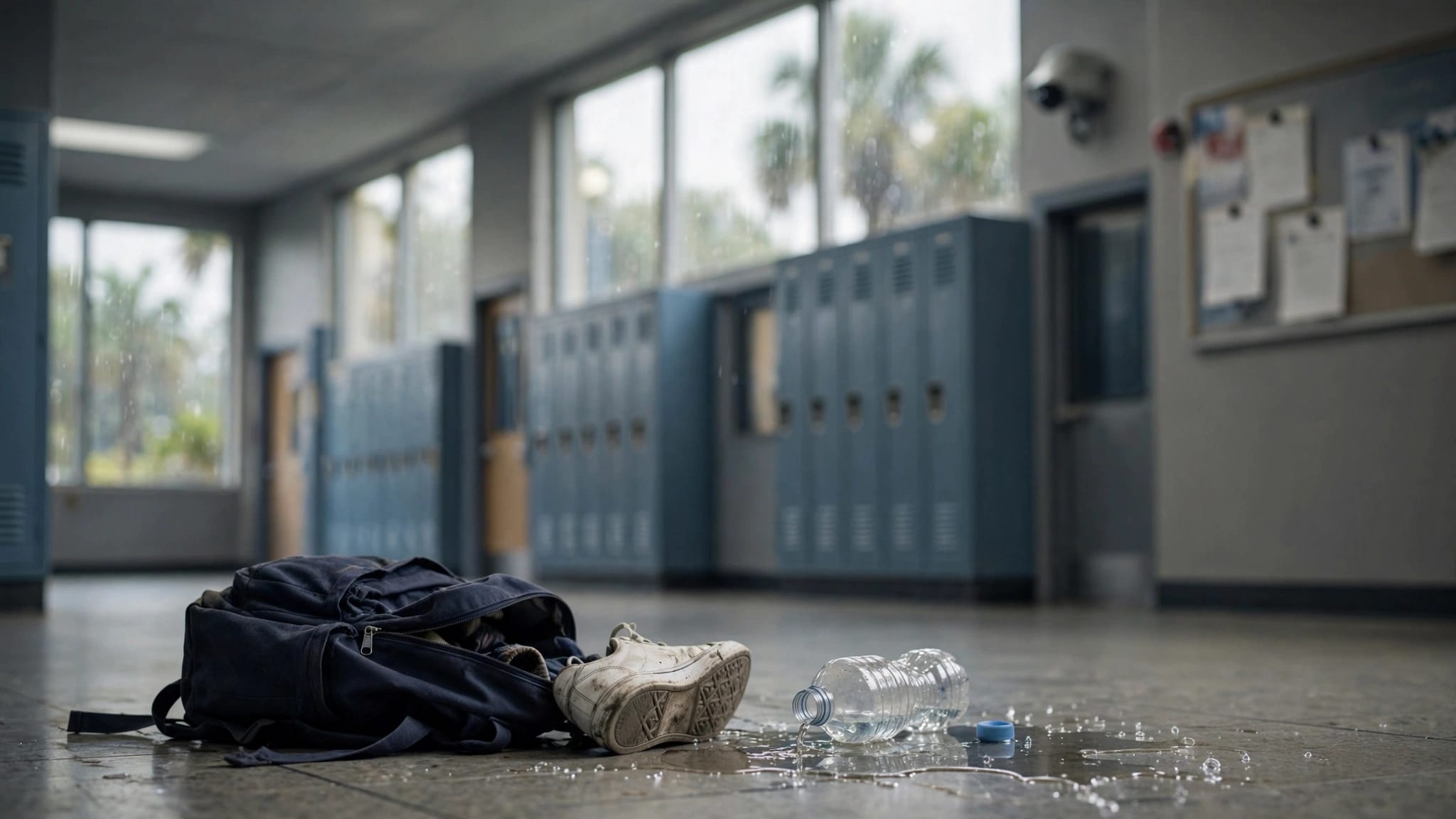 A backpack, scuffed sneaker, and tipped bottle sit in an empty school hallway.