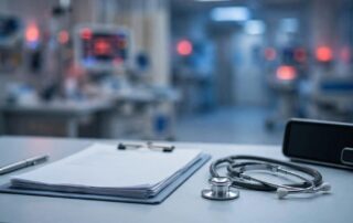 Medical chart, stethoscope, pen, and clock on a hospital desk with red emergency lighting.