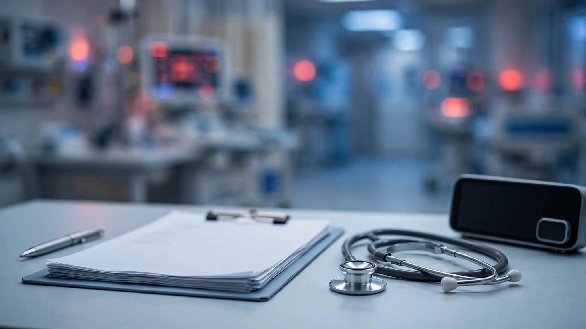 Medical chart, stethoscope, pen, and clock on a hospital desk with red emergency lighting.
