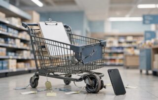Damaged shopping cart with a broken wheel, cracked seat, clipboard, and phone in a grocery aisle.