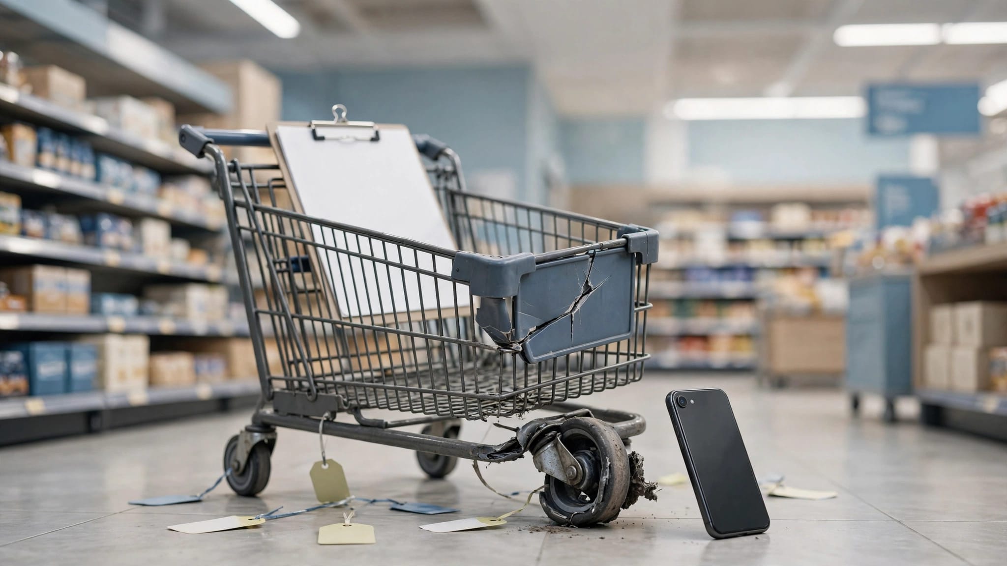 Damaged shopping cart with a broken wheel, cracked seat, clipboard, and phone in a grocery aisle.