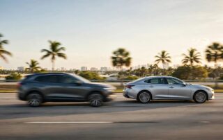Two cars nearly sideswipe each other during a lane change on a Florida highway.
