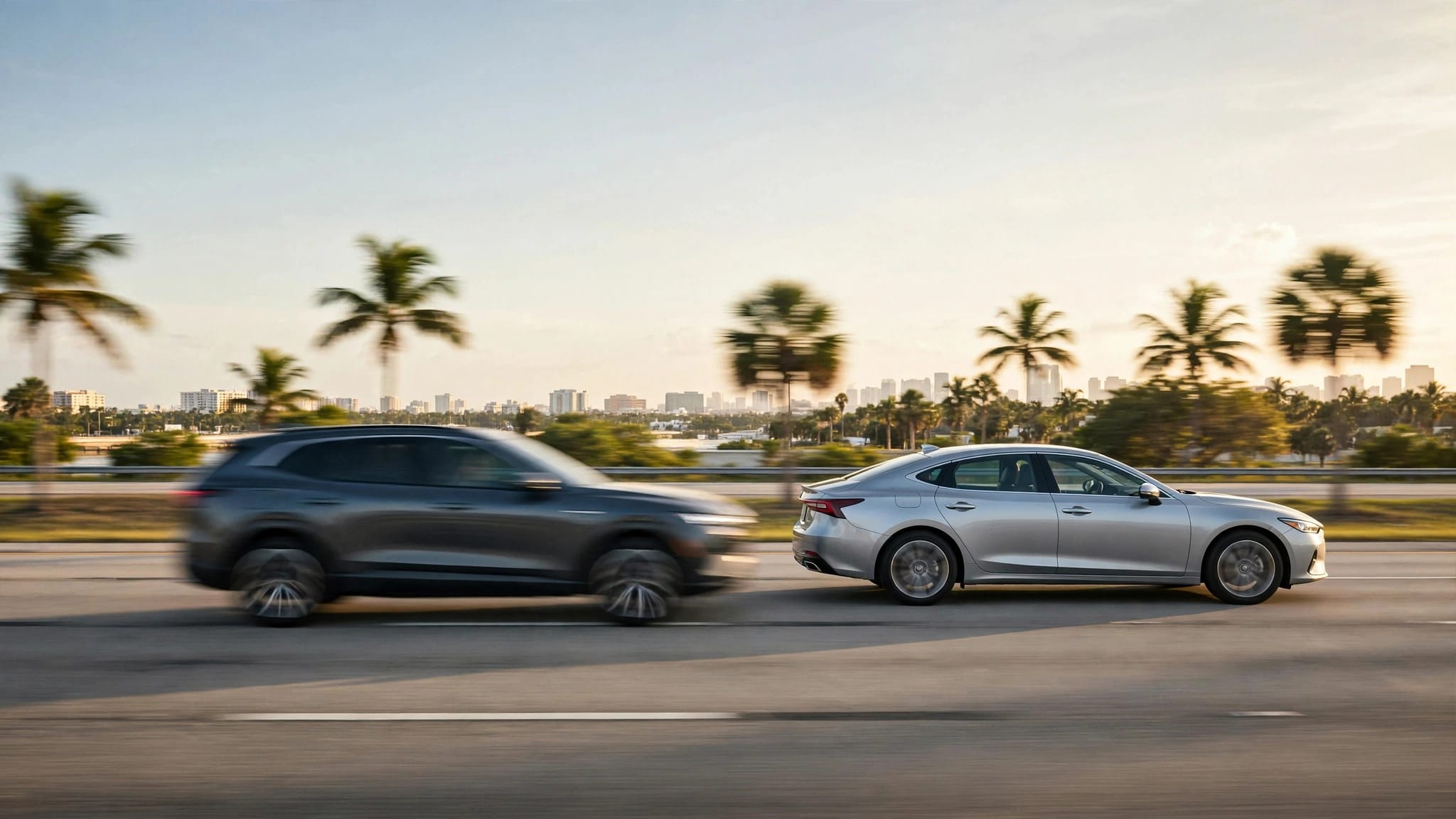 Two cars nearly sideswipe each other during a lane change on a Florida highway.