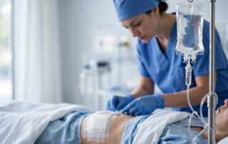 Clinician examining a bandaged abdomen beside an antibiotic IV in a hospital room.