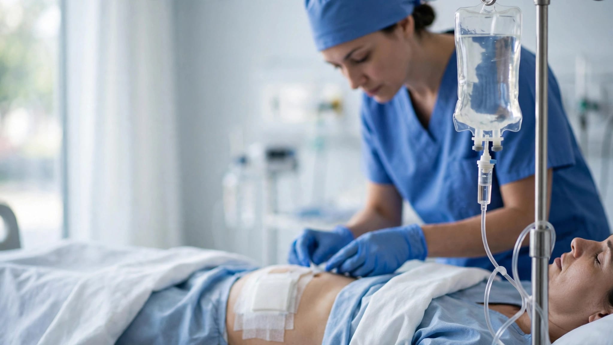 Clinician examining a bandaged abdomen beside an antibiotic IV in a hospital room.
