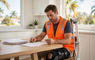 An injured construction worker reviews paperwork at a kitchen table with crutches beside him.