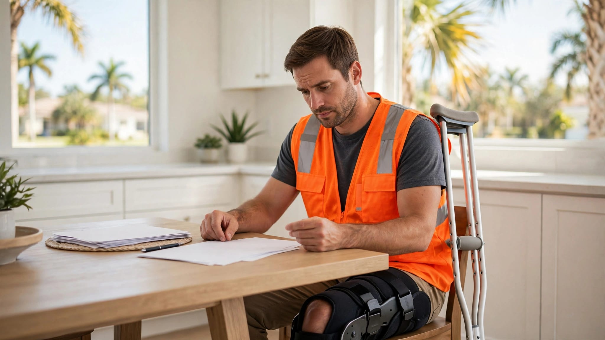 An injured construction worker reviews paperwork at a kitchen table with crutches beside him.
