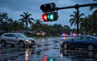 Two damaged vehicles sit beneath conflicting traffic lights at a wet Florida intersection.
