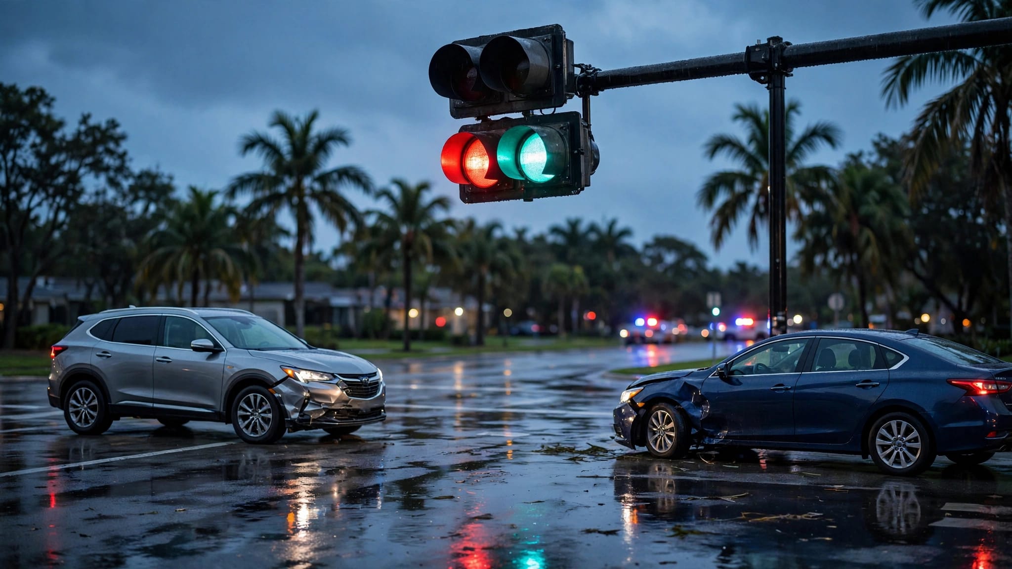 Two damaged vehicles sit beneath conflicting traffic lights at a wet Florida intersection.
