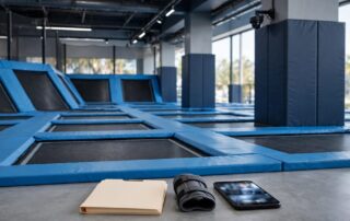 Empty trampoline park with safety padding, surveillance camera, legal folder, wrist brace, and smartphone.