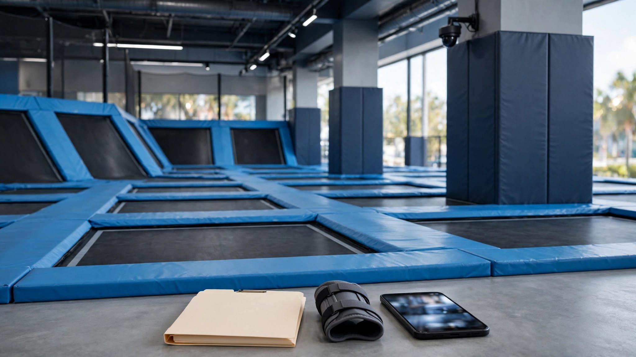Empty trampoline park with safety padding, surveillance camera, legal folder, wrist brace, and smartphone.