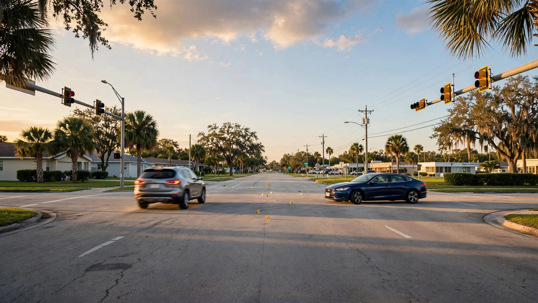 A sedan makes a U-turn as another car brakes at a Florida intersection.