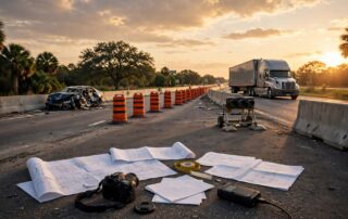 Highway barriers and barrels surround a damaged car, truck, and accident evidence materials.