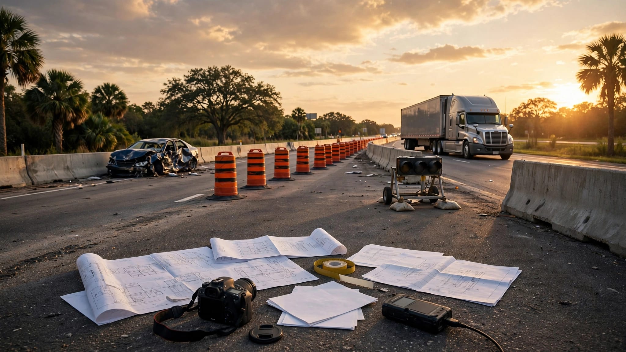 Highway barriers and barrels surround a damaged car, truck, and accident evidence materials.