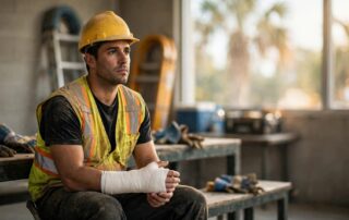Construction worker sitting with a cast on his wrist after a workplace fall.