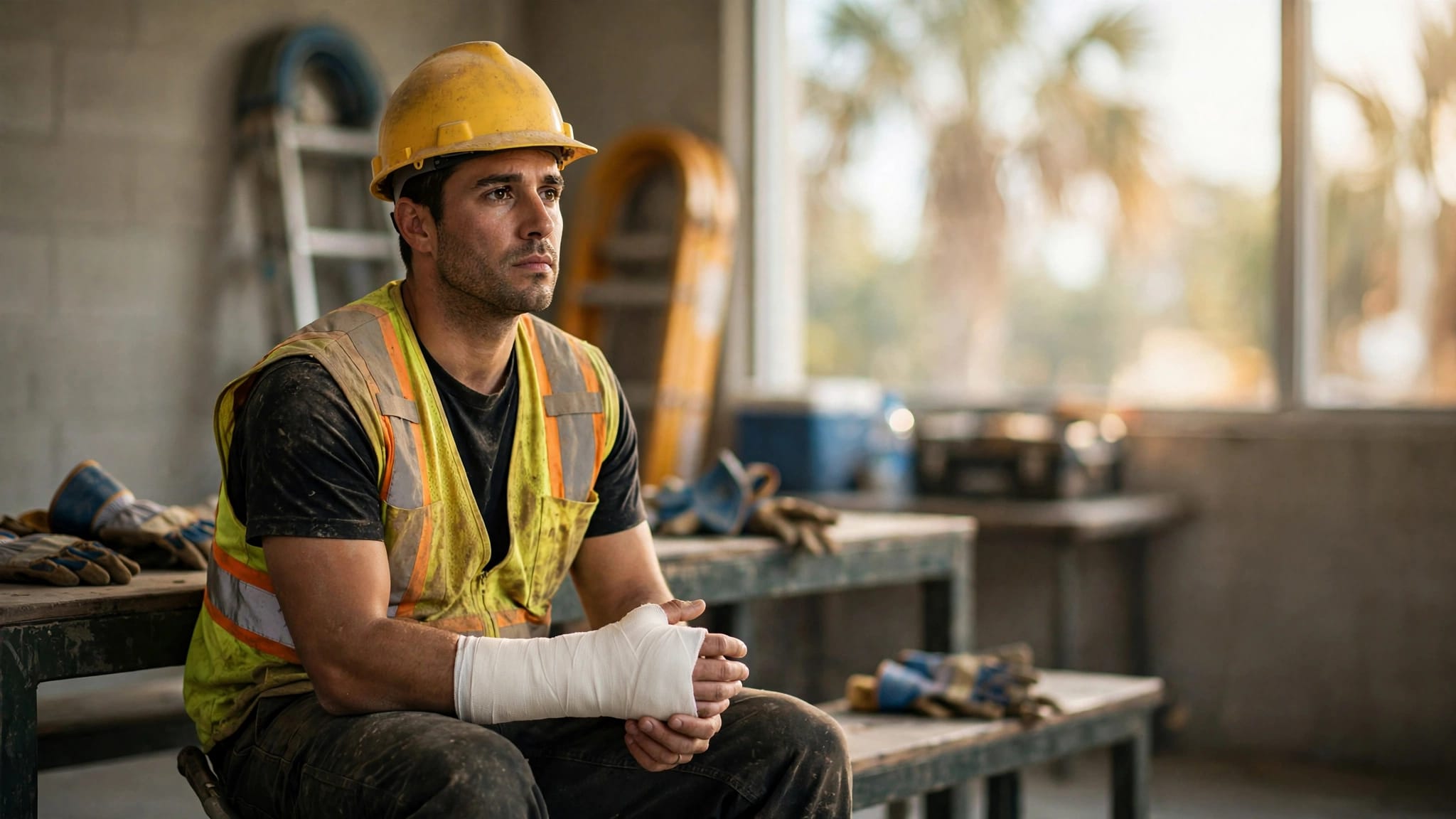 Construction worker sitting with a cast on his wrist after a workplace fall.