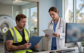 Injured construction worker holding an MRI referral while a doctor reviews paperwork in a clinic.