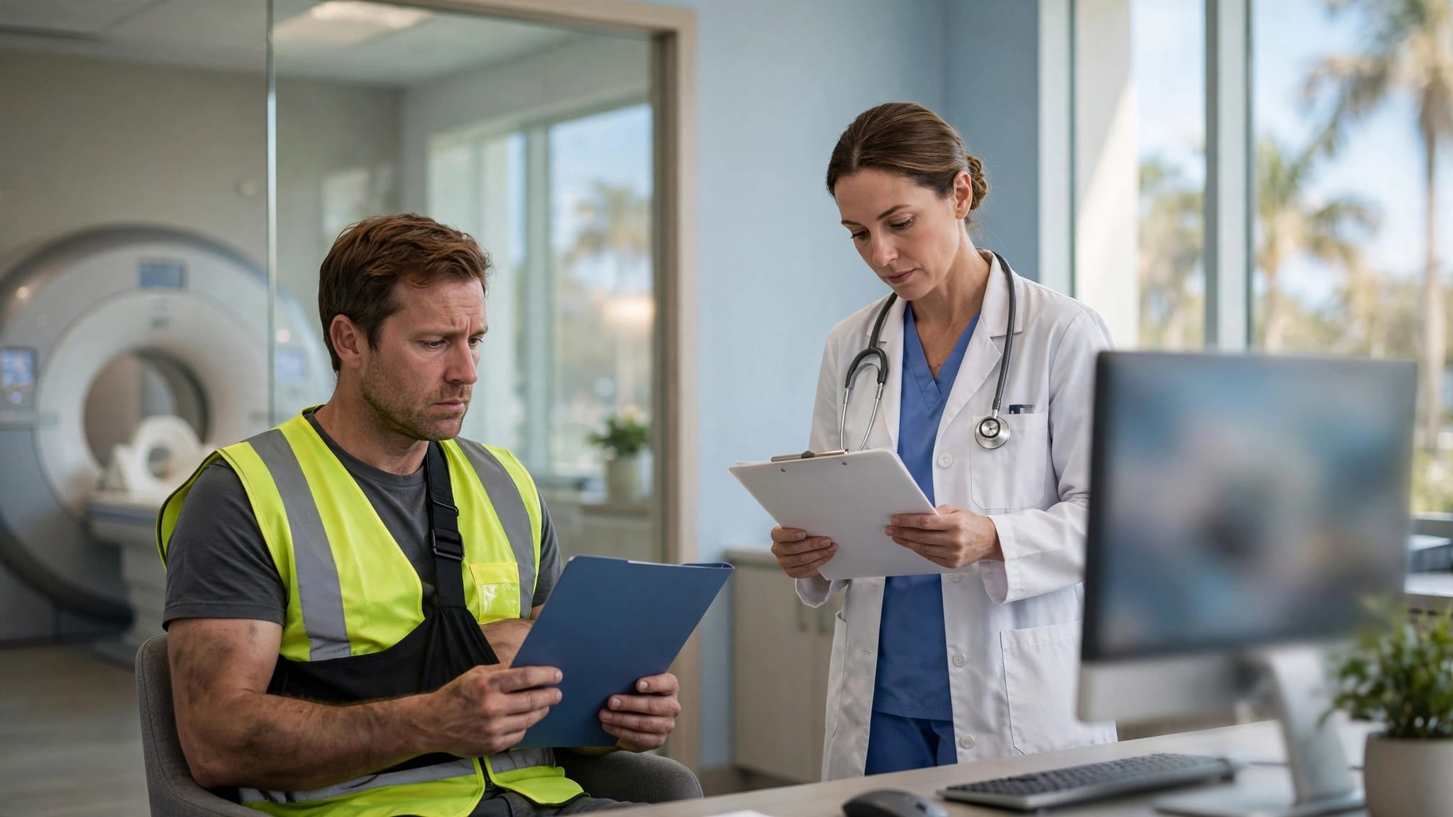 Injured construction worker holding an MRI referral while a doctor reviews paperwork in a clinic.