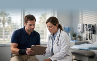 An injured worker reviews a clipboard with a doctor in a medical exam room.