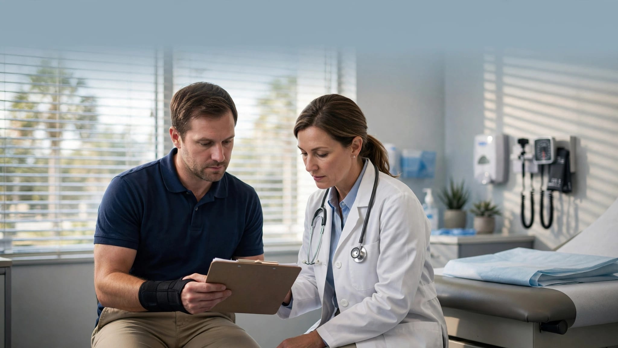 An injured worker reviews a clipboard with a doctor in a medical exam room.