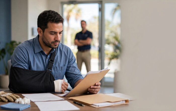 Injured warehouse worker reviewing papers while a supervisor stands in the background.