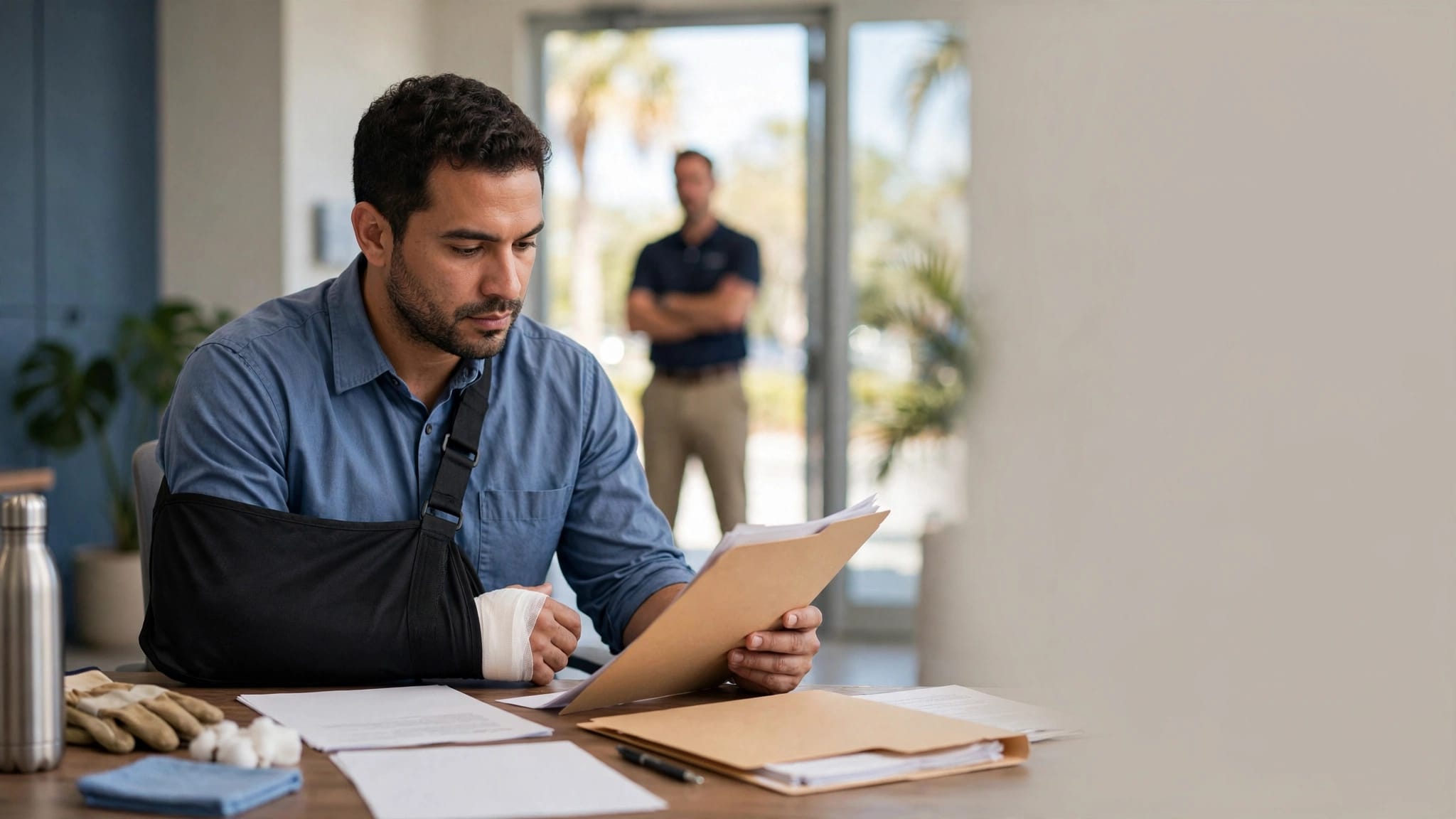 Injured warehouse worker reviewing papers while a supervisor stands in the background.
