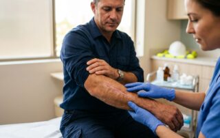 A gloved clinician examines a healed scar on a worker’s forearm.