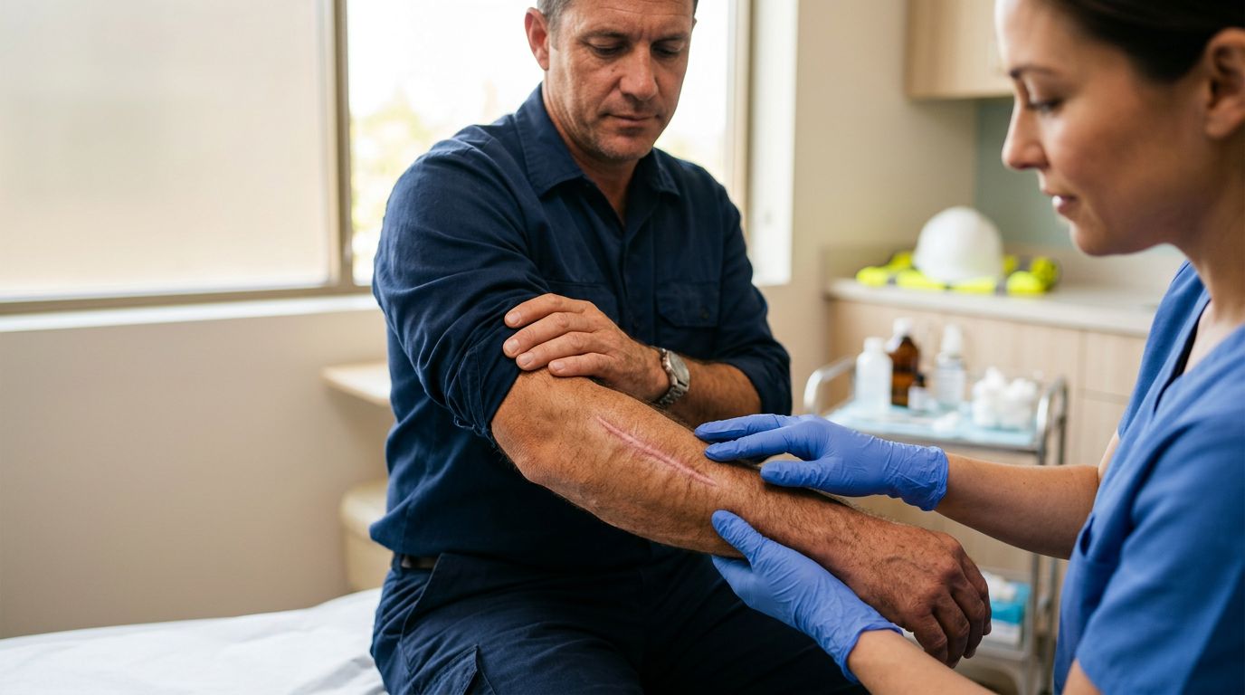 A gloved clinician examines a healed scar on a worker’s forearm.