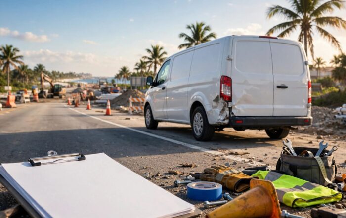 A work vehicle sits near road construction with supplies and a clipboard on a Florida highway shoulder.