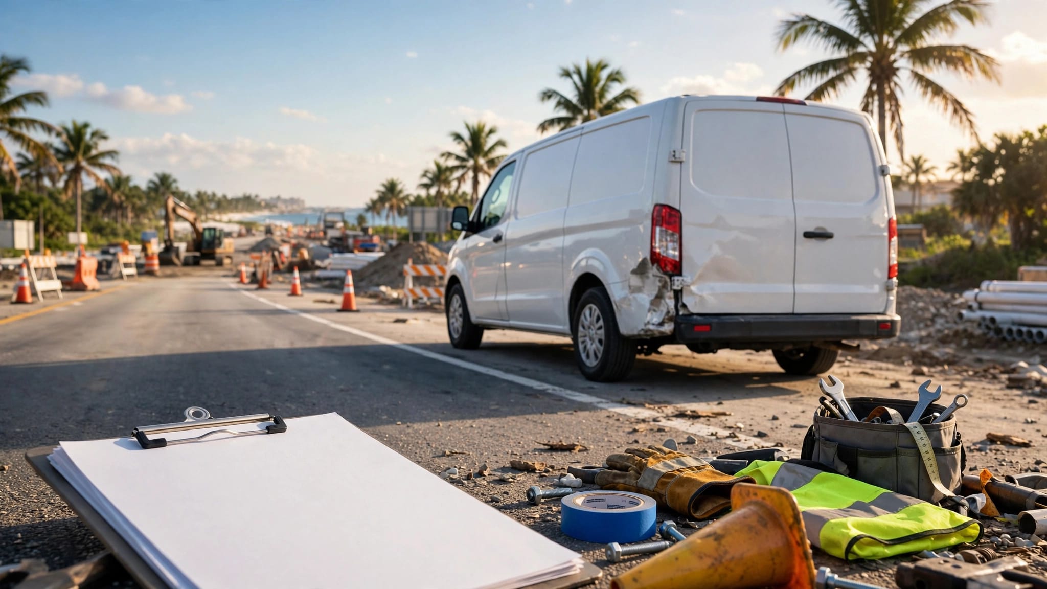 A work vehicle sits near road construction with supplies and a clipboard on a Florida highway shoulder.