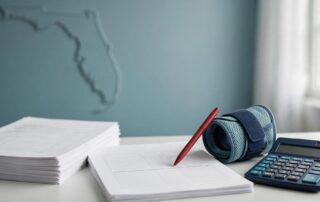 Payroll papers and a calculator sit beside a wrist brace and Florida map.