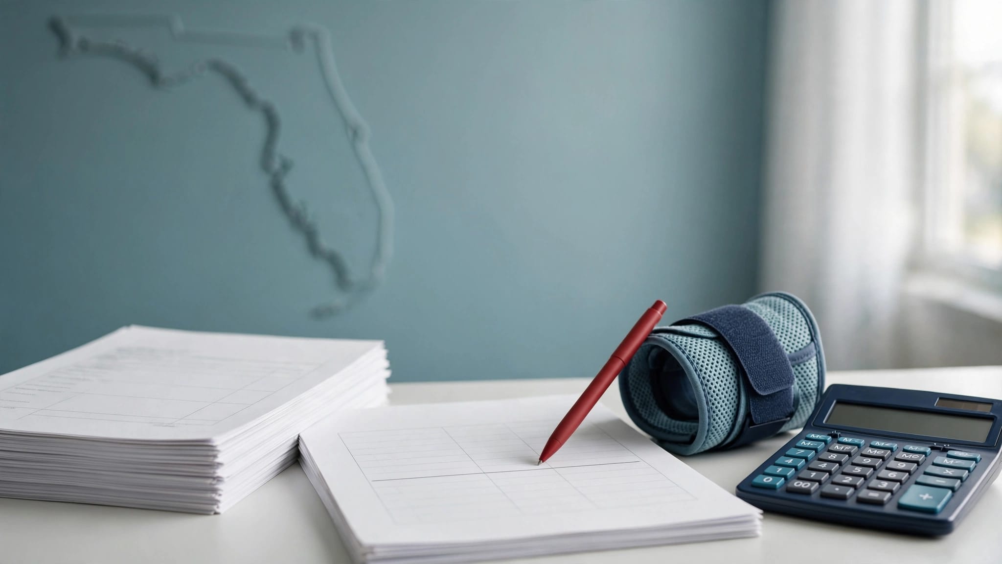 Payroll papers and a calculator sit beside a wrist brace and Florida map.