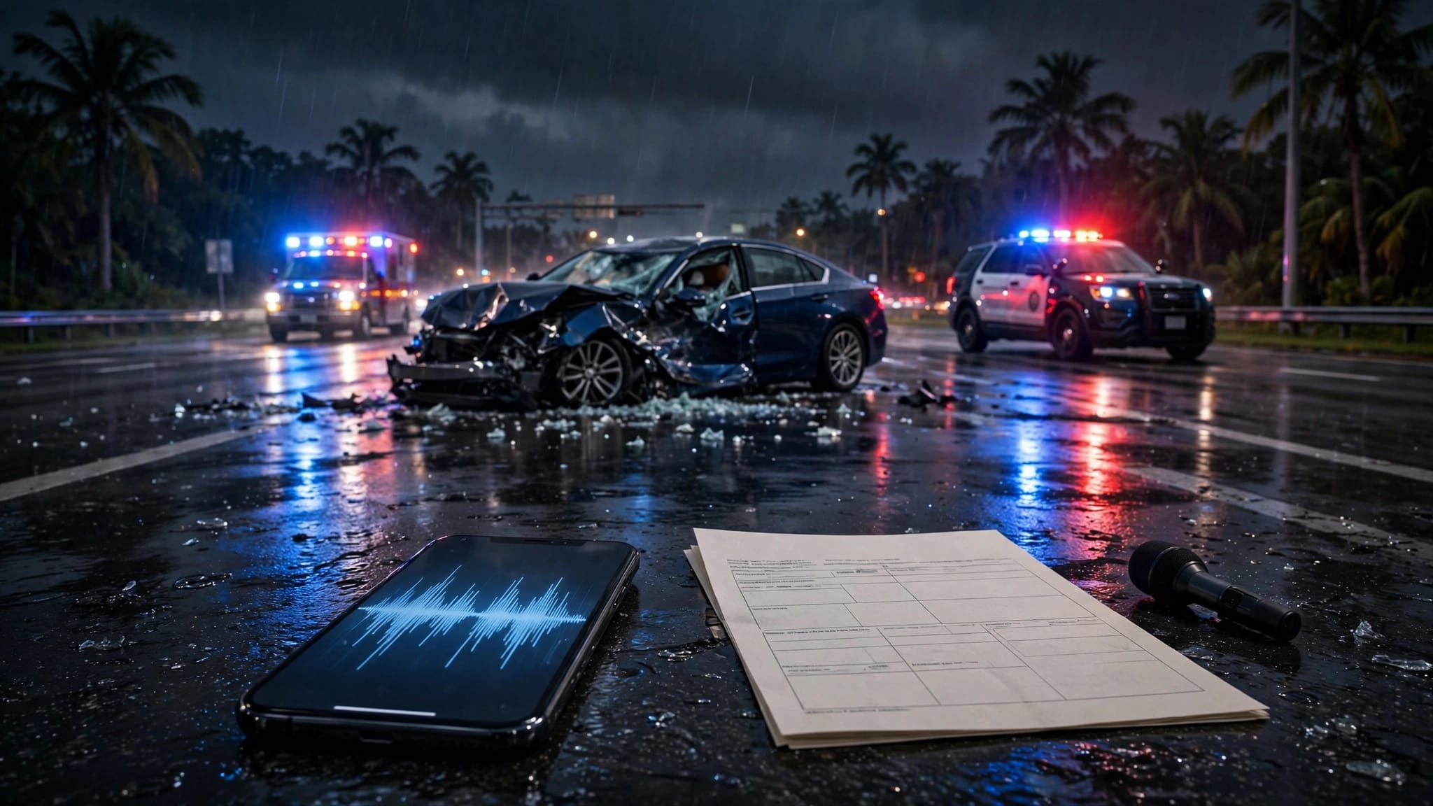 A damaged car and emergency vehicles at a wet nighttime intersection beside a phone and paperwork.