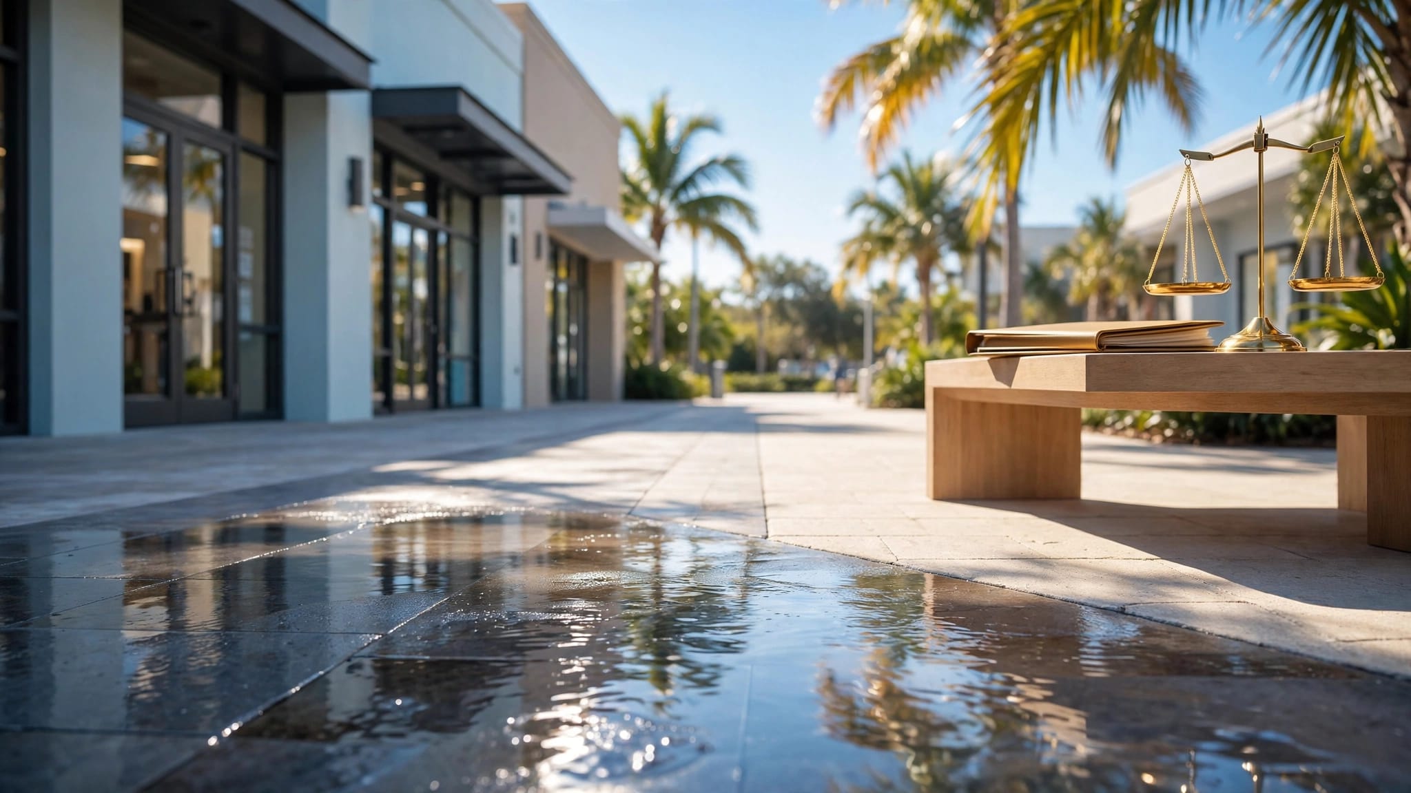 A wet walkway hazard beside a safe path, with legal papers and scales nearby.