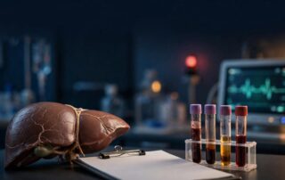 Liver model beside a patient chart, lab tubes, and a glowing hospital monitor.