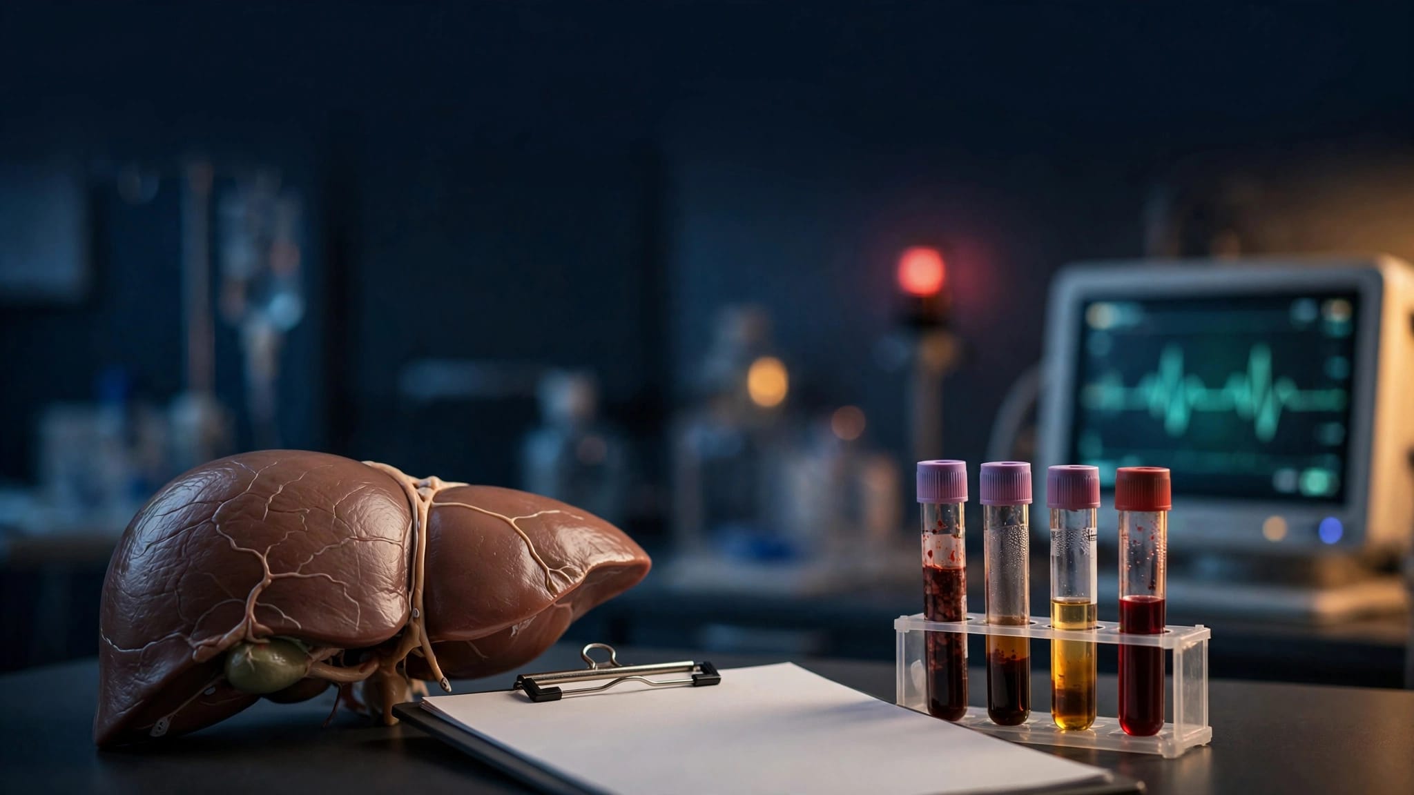 Liver model beside a patient chart, lab tubes, and a glowing hospital monitor.
