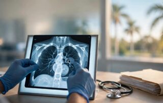 A radiologist reviews a chest CT beside a stethoscope and medical records.