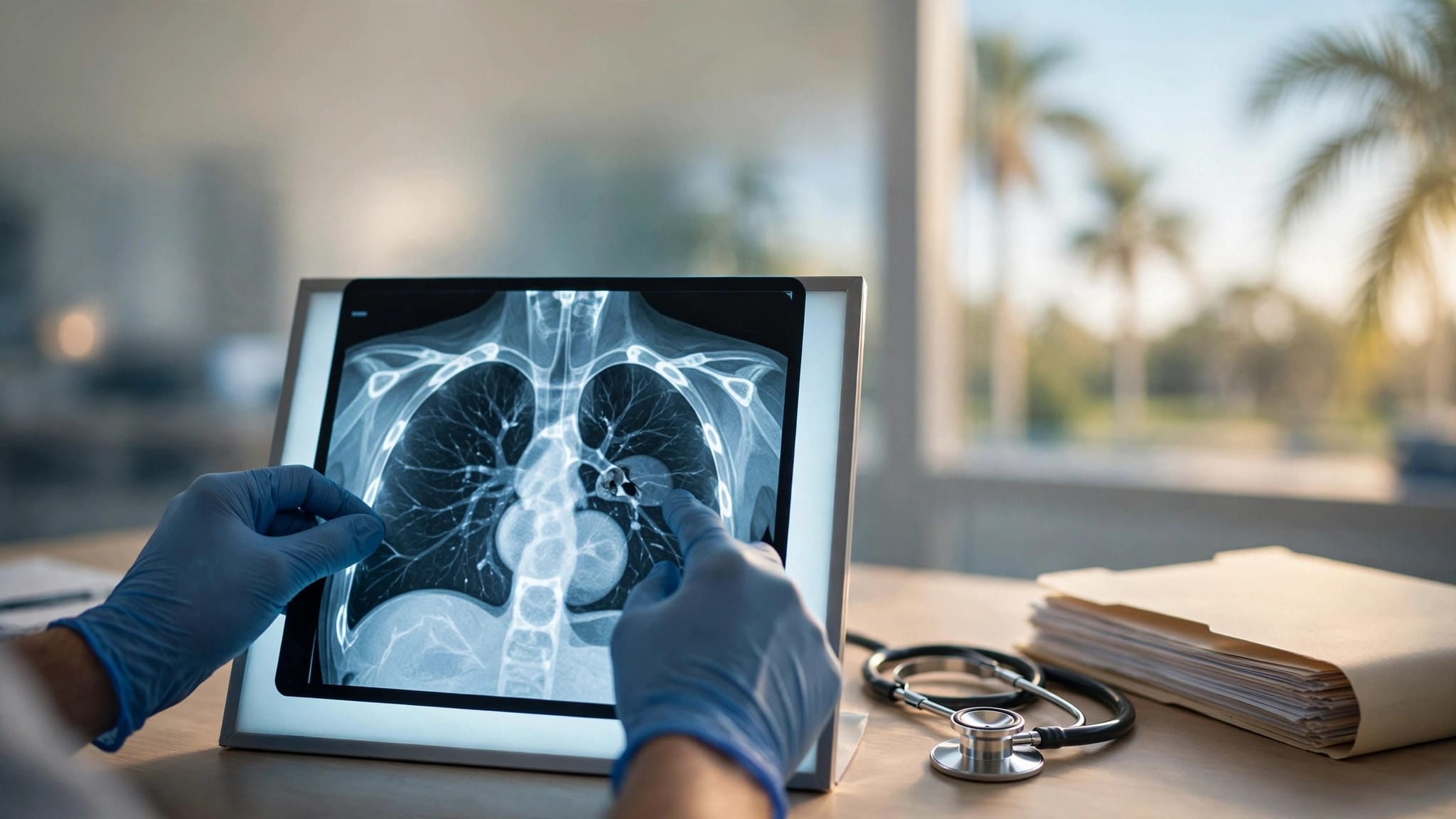 A radiologist reviews a chest CT beside a stethoscope and medical records.